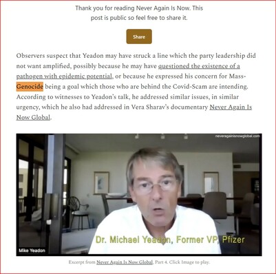 🐍 FORMER #PFIZER 💉 #VICE_PRESIDENT #Respiratory, Dr. Michael Yeadon. #CUT FROM THIS PRESENTATION DUE TO existence of a #pathogen 🐞 with #epidemic_potential, or because he expressed his #concern for #Mass_Genocide ☠️☠️☠️☠️☠️☠️☠️☠️ being a #GOAL 🏆 which those who are #behind the #Covid_Scam are #intending.

#Why does #German 🇩🇪 Opposition #CENSOR Dr. Michael Yeadon's talk at "2nd #Corona Symposium"?
Alternative for Germany (AfD) Party in #German_Bundestag holds 2-day-Symposium in the Reichstag only to decide Yeadon's warning #unfit for #publication?? Raises concerns as to the #kind of #game THEY play.

After a two day #Symposium in the #German_Bundestag, which sits in Session in the reconstructed Version of what the #Nazi’s #burned_down in order to #implement #sweeping_powers for #Hitler, the “ #Alternative_fuer_Deutschland” has #CUT the presentation given by #former #Pfizer VP Respiratory, #Dr_Michael_Yeadon.

This follows irritation by observers who had criticized that no live-stream had been made available for the Symposium, which took place on November 12 and 13, 2023.

One week later the parliamentary caucus of the AfD, whose Working Group on Health had organized the conference, published the edited recordings of the first and the second day of the conference. But Dr. Yeadon’s presentation, which at 3:27:55 was announced by Working Group chairman Siechert, was not (!) included in that..

